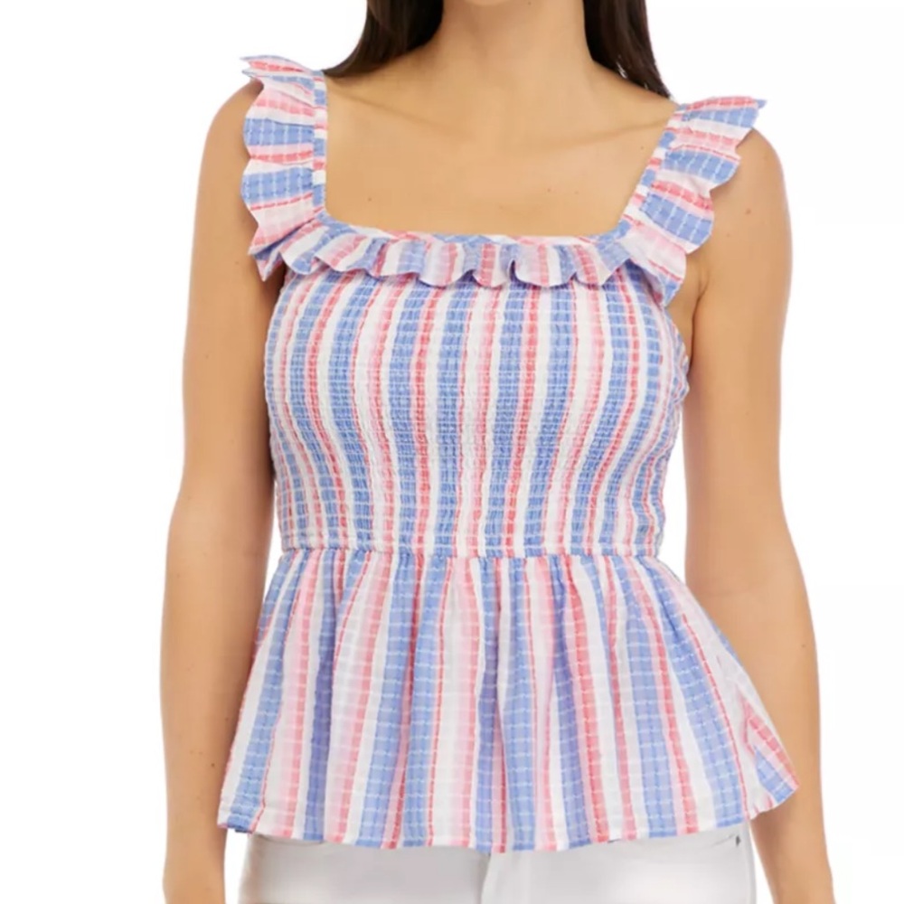 NWT Crown & Ivy Sleeveless Square Neck Printed Peplum Top Striped Size XL